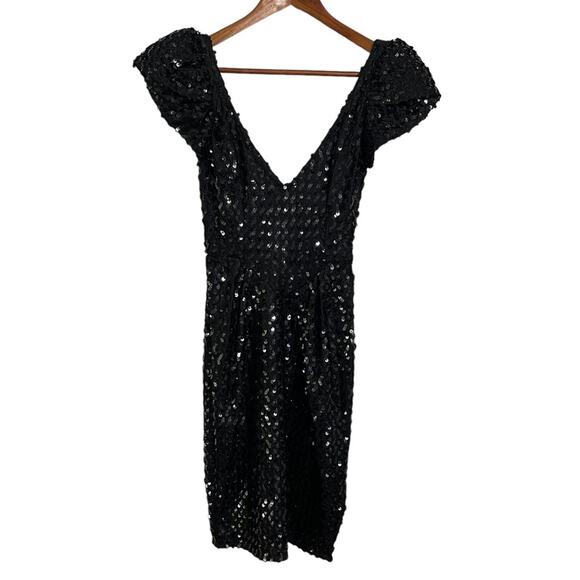 Climax David Howard Sequin Puff Sleeve Midi Party Cocktail Dress Black SZ 3/4 - Picture 1 of 3
